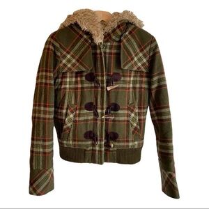 Vintage Juicy Couture Green and Brown Plaid Jacket with Faux Fur Lining